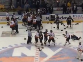 An annual charity hockey game between the FDNY and NYPD turned into a full-out brawl between the teams.