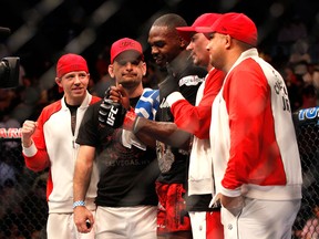 Team Jones celebrates after UFC 145. Brandon Gibson, Greg Jackson, Jon Jones, Mike Winkeljohn, Izzy Martinez