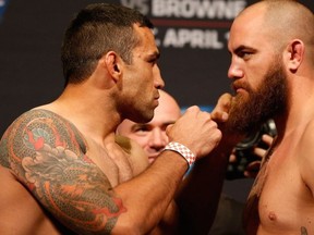 Heavyweights Fabricio Werdum (L) and Travis Browne square off in the main event of tonight's UFC on FOX fight card in Orlando. The winner will challenge Cain Velasquez for the UFC heavyweight title later this year.