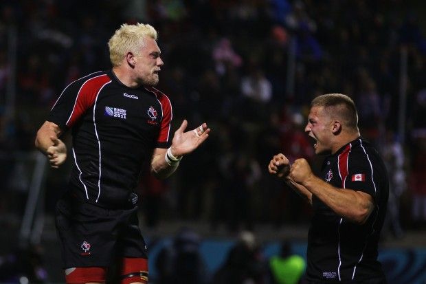 Jason Marshall (right) and Phil Mackenzie played for Canada at the 2011 Rugby World Cup. (Photo by Hannah Peters/Getty Images)