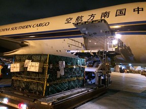 Pallets of honeybees are loaded on a China Southern flight to Vancouver.