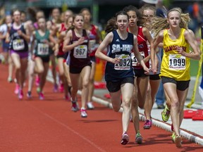 Salmon Arm's Glynis Sim, the BC cross-country girls champ, pictured en route to winning the Grade 8-9 1,500 metres last June at McLeod Athletic Park in Langley. (PNG file photo by Les Bazso)