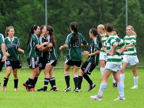 Argyle players celebrate Jessie Blanchard's goal in a 1-0 win over Oak Bay to claim the 2013 BC Triple A soccer title last June. The 2014 event begins Thursday in Vancouver with the Pipers and Breakers both back. (File photo by Nick Procaylo, PNG)