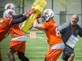 BC Lions Receivers Coach Joe Paopao, right puts his squad through the paces during the team's mini-camp in Surrey, B.C. Wednesday April 30, 2014.   (Ric Ernst / PNG)