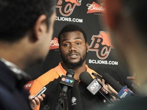 SURREY , BC., May 6, 2014 -- Defensive tackle Khalif Mitchell talks to media after the BC Lions announced his re - signing in Surrey, BC., May 6, 2014.  (Nick Procaylo/PNG)   [PNG Merlin Archive]