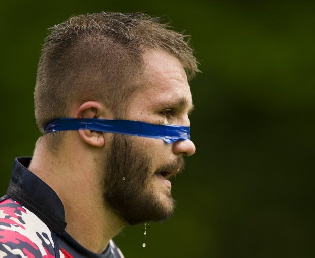 Sweat runs off Burnaby Lake RFC Admir Cejvanovic after losing to James Bay AA in the BC Provincial Rugby Final at Klahanie Park, North Vancouver, 2014. May 10 2014. (Gerry Kahrmann/PNG)