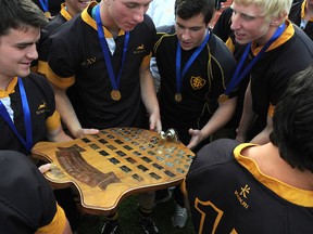 The Shawnigan Lake Stags, pictured here after winning the school’s fifth straight B.C. Triple A rugby title last June, will have to be at their absolute best to make it six in a row after Wednesday’s quarterfinal round produced four of the closest games in recent Final 8 memory. (Photo by John Van Putten)