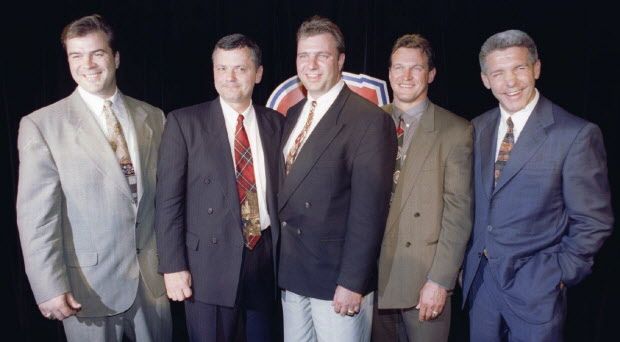 LEFT TO RIGHT: New Habs coach Alain Vigneault, assistant coach Clement Jodoin, new AHL coach Michel Terrien, goalie coach Roland Melanson and GM Rejean Houle in June, 1997. (Dave Sidaway/The Gazette)