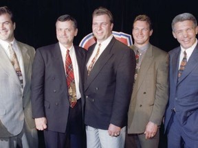 LEFT TO RIGHT: New Habs coach Alain Vigneault, assistant coach Clement Jodoin, new AHL coach Michel Terrien, goalie coach Roland Melanson and GM Rejean Houle in June, 1997. (Dave Sidaway/The Gazette)