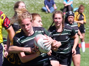 After winning a Friday OT battle with Gleneagle, the GP Vanier Towhees of Courtenay won the BC Triple A girls rugby title on Saturday in Port Alberni. (Bob Orr, Freeze Frame Photography)