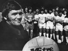 February 22, 1974.  Whitecaps coach Jim Easton takes a look at some of the local soccer talent at Empire Stadium.  Province photo files