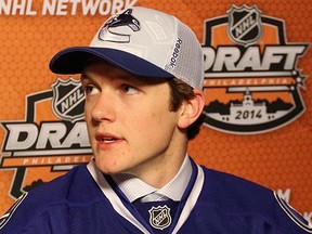 Thatcher Demko speaks to the media after being drafted #36 by the Vancouver Canucks on Day Two of the 2014 NHL Draft at the Wells Fargo Center on June 28, 2014 in Philadelphia.