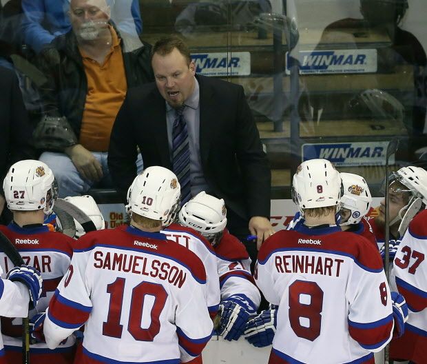 LONDON, ON – MAY 23: Assistant Coach Steve Hamilton of the Edmonton Oil Kings give players instructions during the third period against the Val-d’Or Foreurs during the 2014 Memorial Cup tournament at Budweiser Gardens on May 23, 2014 in London, Ontario, Canada.  (Photo by Bruce Bennett/Getty Images)