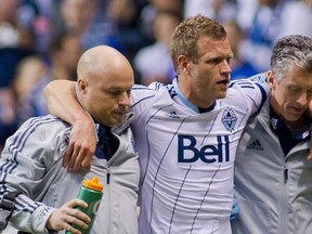 Jay DeMerit was helped off the field in the opening minutes of 2013 when he tore his Achilles (pictured). Now he's out six weeks with a tendon tear in his left ankle.