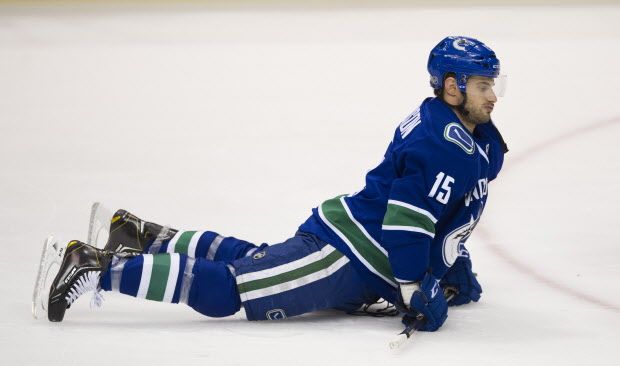 VANCOUVER. APRIL 05 2014. Vancouver Canucks #15 Brad Richardson on the ice during the pre game skate prior to playing the LA Kings in a regular season NHL hockey game at Rogers Arena, Vancouver, April 05 2014. Gerry Kahrmann  /  PNG staff photo)  ( For Prov / Sun Sports )  [PNG Merlin Archive]