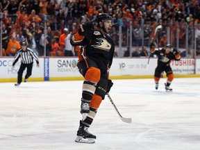 Nick Bonino of the Anaheim Ducks celebrates his first period goal against the Los Angeles Kings in Game Five of their second round playoff series.