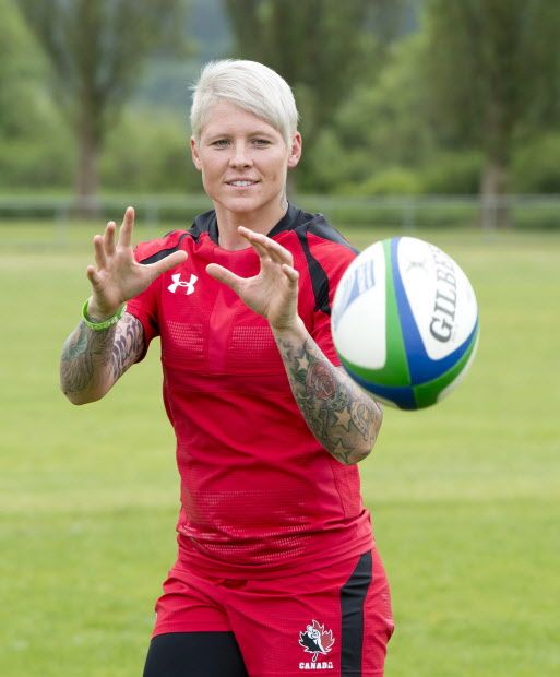 Rugby Canada team member Jen Kish wears her new uniform at the team's practice facility in Burnaby, B.C. Tuesday, June, 3, 2014. THE CANADIAN PRESS/Jonathan Hayward ORG XMIT: JOHV106