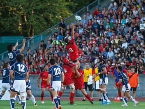 Tyler Ardron in the lineout last summer against Japan at Swangard Stadium (Lorne Colicutt/Rugby Canada)