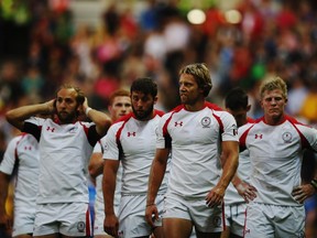 Harry Jones (2nd from right) and John Moonlight (right) are in Canada's first sevens squad of the year. Sean White and Mike Scholz are not.  (Photo by Hannah Peters/Getty Images)