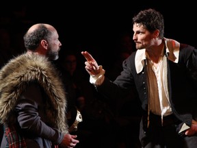 The Bard (Bob Frazer, right) tells Richard Burbage (Gerry Mackay) what's what in Equivocation. Photo by David Blue.