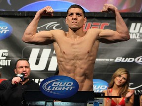 Nick Diaz weighs in during the UFC 143 official weigh in at Mandalay Bay Events Center on February 3, 2012 in Las Vegas, Nevada.