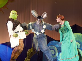A typical romantic moment between Shrek (Matt Palmer) and Princess Fiona (Lindsay Warnock), refereed by Donkey (Ken Overbey). Photo by Milan Radovanovic.