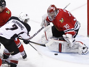 Ty Ronning gets stymied by Portland goalie Corbin Boes in a game from last February. Ronning could return to the Giants line-up Friday against Medicine Hat for the first time since hurting his collar bone in exhibition. (Photo by Ben Nelms/Getty Images)