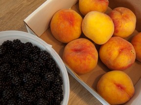 Peaches and blackberries await pie.