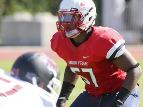 Simon Fraser Clan linebacker Jordan Herdman recorded 20 tackles in Saturday’s loss at Azusa Pacific University and heads into this Saturday’s game against Central Washington as the leading tackler in the Great Northwest Athletic Conference. (Photo — Ron Hole, SFU athletics)