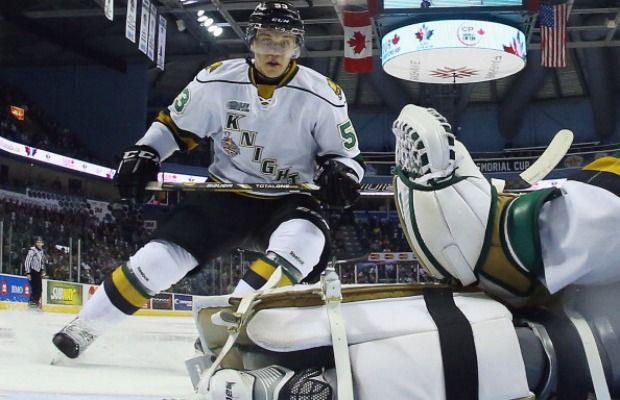 All eyes will be on former first-round pick Bo Horvat, shown here playing for the  London Knights at last May's Memorial Cup tournament, in Penticton when he suits up for the Canucks.  (Photo by Bruce Bennett/Getty Images)