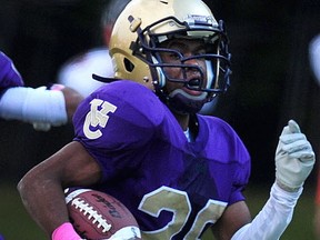 Vancouver College running back Ovie Odjegba set a new school record with a 90-yard TD run Saturday as the No. 4 Irish topped No. 2 STM at O'Hagan. (PNG photo)