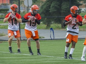 BC Lions quarterbacks Travis Lulay, Travis Partridge, Kevin Glenn and John Beck, left to right during the CFL's team practice at their Surrey facility Monday September 1, 2014.   (Ric Ernst / PNG)