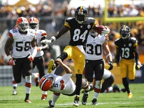 Pittsburgh Steelers wide receiver Antonio Brown (84) runs over Cleveland Browns punter Spencer Lanning (5) during the first half at Heinz Field. Brown was flagged on the play. (Jason Bridge-USA TODAY Sports)