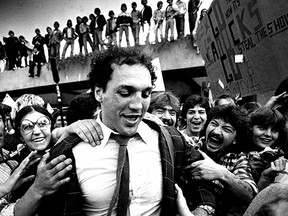 Enthusiastic Vancouver Canucks hockey fans were all over Dave 'Tiger' Williams as the hockey team arrived at Vancouver Airport after Game 2 of the 1982 Stanley Cup Final.