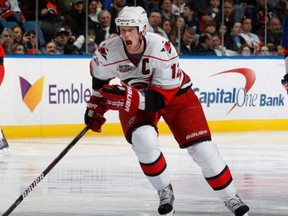 Carolina captain Eric Staal has the potential to have a huge impact when he returns from injury against the Canucks on Tuesday at Rogers Arena.  (Photo by Mike Stobe/NHLI via Getty Images)