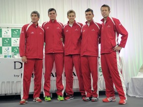 Raonic (2nd from left), Pospisil (centre) and Nestor (far right) are up for fan awards.  (AFP/Getty Images)