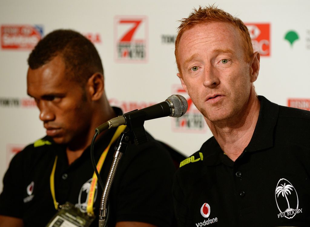 Fiji head coach Ben Ryan (R) ansers questions beside captain Osea Kolinisau (L) during a press conference for the Rugby Sevens tournament in Tokyo on March 19, 2014. The Tokyo Sevens 2014, the sixth leg in the IRB Sevens World Series, will be held on March 22-23.     AFP PHOTO/Toru YAMANAKA        (Photo credit should read TORU YAMANAKA/AFP/Getty Images)