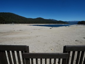 The dried up lake bed of Huntington Lake, which is at only 30 percent capacity as a severe drought continues to affect California. The state is in the grip of its third year of severe drought.