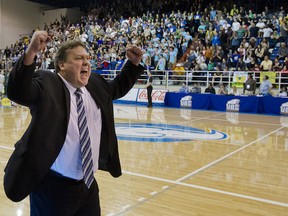 UBC Thunderbirds’ men’s basketball head coach Kevin Hanson has had plenty of reason to celebrate over his 14-plus seasons at the helm. Now he’s two wins away from equaling the program’s all-time record for career victories. (Photo — Bob Frid, UBC athletics)