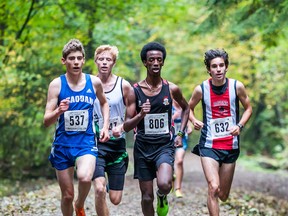 Priming for his final kick, North Surrey’s Nathan Tadesse (second from right, 806) outlasted rivals (left to right) Michael Milic of Seaquam, Reid Muller of Pitt Meadows and Isaac Wadhwani of Terry Fox to win the Fraser Valley cross country championship title Oct. 22 at Mundy Park in Coquitlam. (Photo — by Vid Wadhwani)