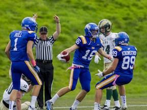 UBC's Niko Jakobs, his foot issues behind him, celebrates one of his two TD catches Saturday in the 'Birds one-point win over visiting Regina. (Bob Frid, UBC athletics)