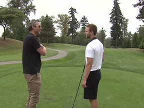 Trevor Linden piles the pressure on self-admitted new golfer Nick Jensen.