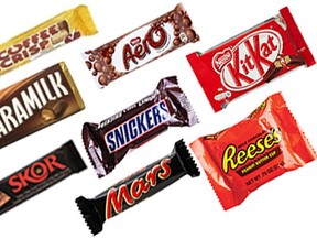 The quarterfinalists, clockwise from top left: Coffee Crisp, Aero, Kit Kat, Reese's Peanut Butter Cups, Mars, Skor, Caramilk and Snickers (centre).