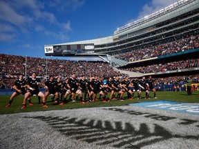 CHICAGO, IL - NOVEMBER 01:  The All Blacks perform the haka before the International Test Match between the United States of America and the New Zealand All Blacks at Soldier Field on November 1, 2014 in Chicago, Illinois.  (Photo by Phil Walter/Getty Images)