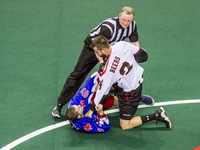 Matt Beers may not be giving opponents the business this NLL season. The Vancouver Stealth defender is looking at fire department jobs and would have to take the season off if he's hired. (Vancouver Stealth photo.)