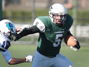 Lord Tweedsmuir running back Caleb Abraham not only led the Panthers' ground game Friday in a win over Belmont, but the defence as well. (PNG photo)