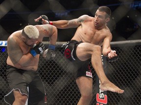 New Zealand's Mark Hunt, left,  battles against Brazil's Fabricio Werdum  during a UFC 180 interim Heavyweight title fight in Mexico City, Saturday, Nov. 15, 2014. Werdum won the fight by KO/TKO. (AP Photo/Christian Palma)