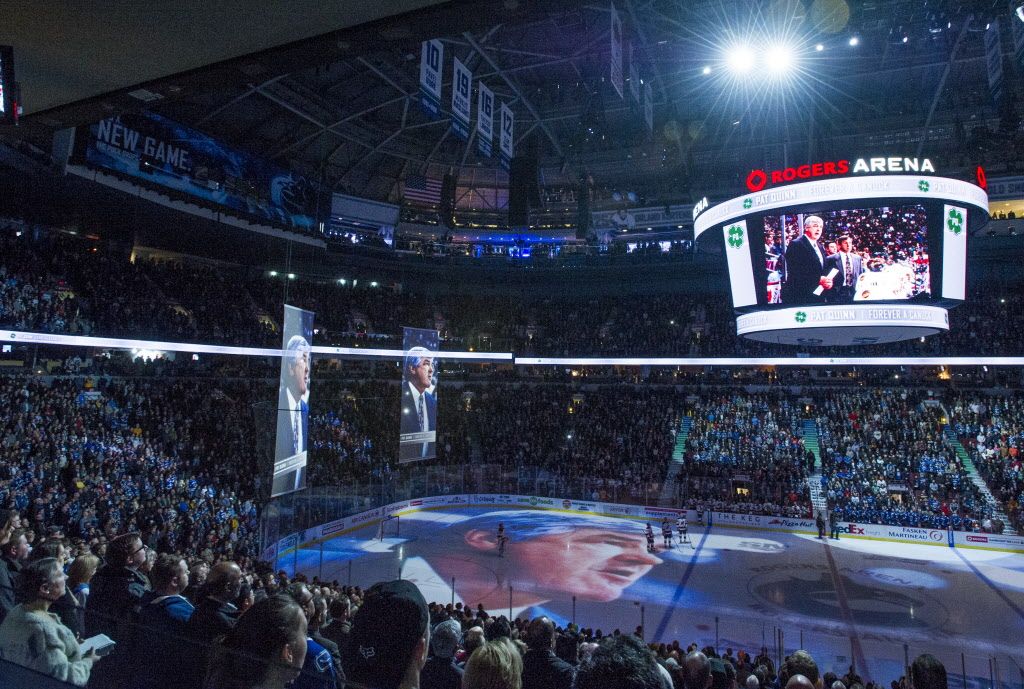 VANCOUVER, BC: NOVEMBER 25, 2014 -- Vancouver Canucks fan and team honour former coach and general manager Pat Quinn who passed away on Sunday prior to playing the New Jersey Devil in an NHL  regular season game at Rogers Arena  in Vancouver, B.C. Tuesday November 25, 2014.  (Ric Ernst / PNG)  (Story by Ben Kuzma & Iain McIntyre)  TRAX #: 00033253A & 00033253B [PNG Merlin Archive]