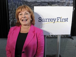 Longtime Surrey, BC city councillor Linda Hepner was introduced as the mayoral candidate for the Surrey First civic party Wednesday morning June 25, 2014. Hepner was selected to replace outgoing mayor Diane Watts to run in upcoming elections this Fall for Surrey First.  Photo by Jason Payne/ PNG)