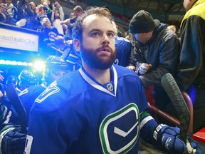 VANCOUVER, BC - NOVEMBER 23:  Zack Kassian #9 of the Vancouver Canucks walks out to the ice during their NHL game against the Chicago Blackhawks at Rogers Arena November 23, 2014 in Vancouver, British Columbia, Canada. (Photo by Jeff Vinnick/NHLI via Getty Images)